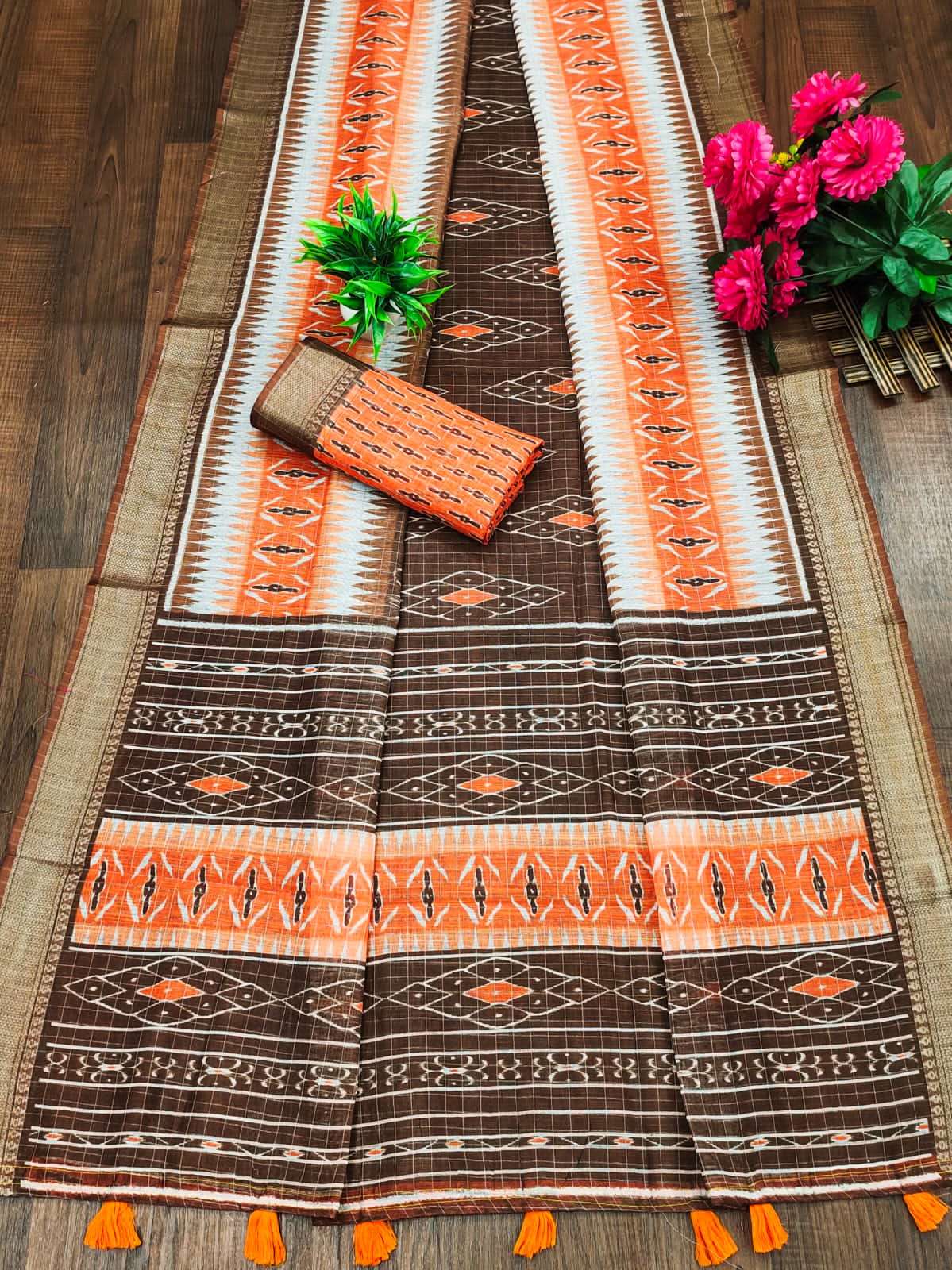 Soft cotton Checks linen fabric Saree With block Print In regular wear Saree wholesale in surat vrinda Soft cotton Checks linen fabric Saree With block Print In regular wear Saree wholesale in surat vrinda
